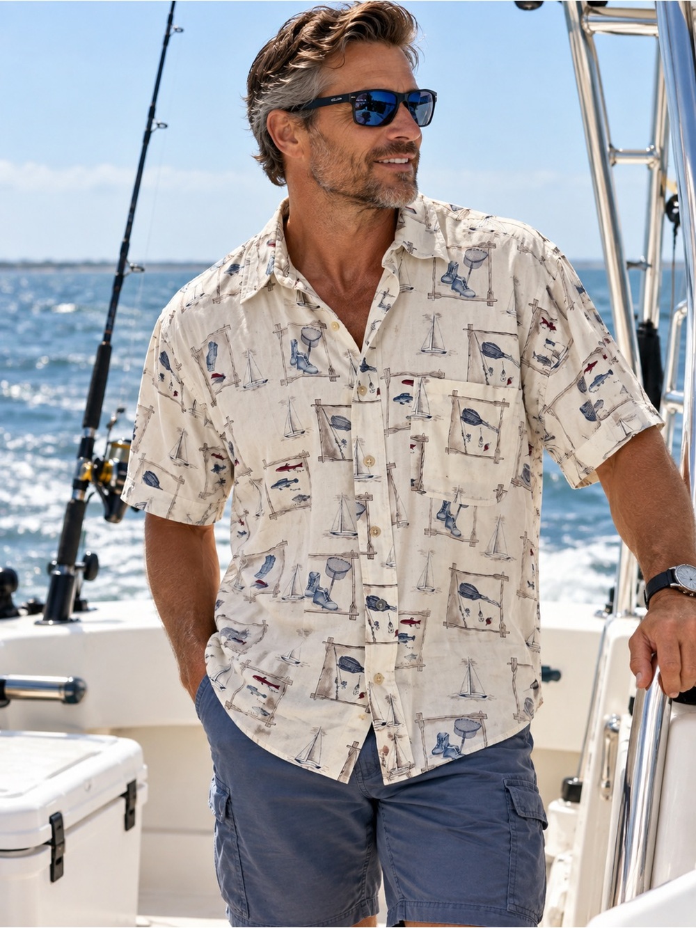 Chaps Ralph Lauren Cream Nautical Short-Sleeve Button-Down Shirt fish sailing